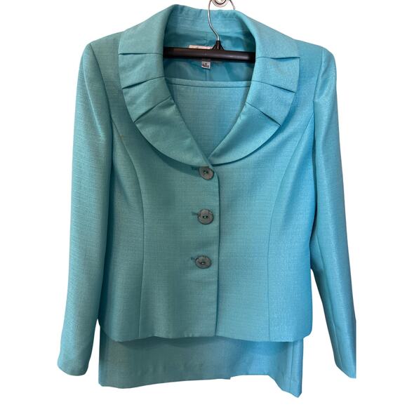 Le Suit Turquoise Blue Skirt Suit Blazer & Skirt Set Women's Size 8 - Picture 1 of 10